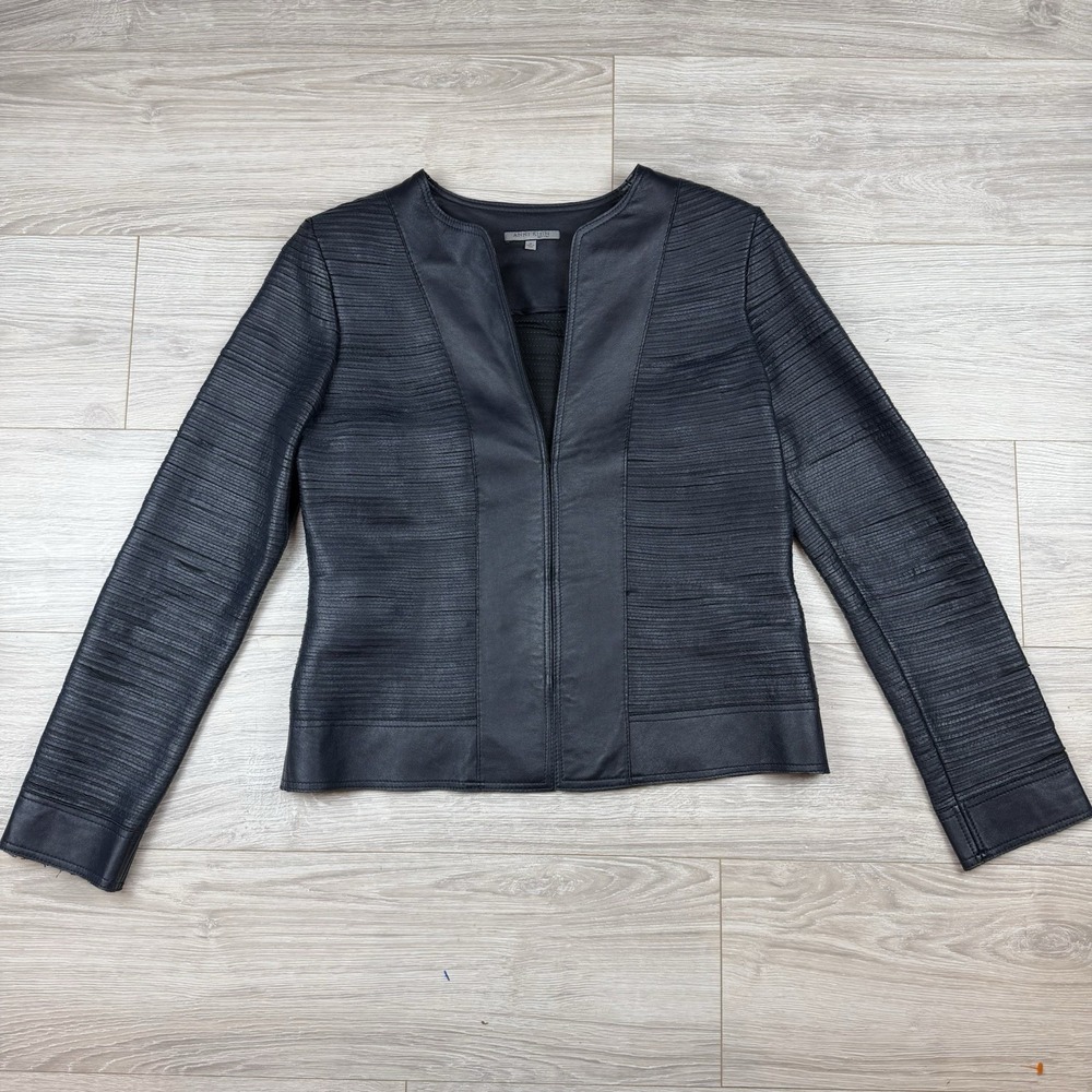 Anne Klein New York Womens Navy Blue 100% Lamb Leather Pleated Jacket Size M